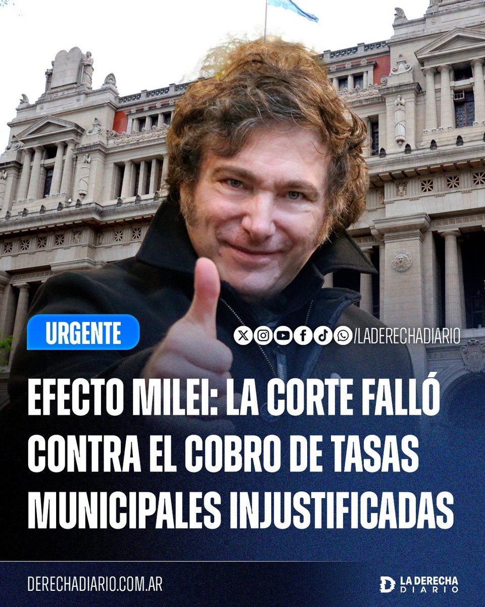 laderechadiario's tweet photo. 🚨🇦🇷 | MILEI DEFIENDE A LOS CONTRIBUYENTES: La Corte Suprema falló contra el cobro de tasas municipales que no estén respaldadas por un servicio concreto, efectivo e individualizado, y revocó una sentencia que había avalado una contribución de la Municipalidad de Córdoba.

El máximo tribunal estableció que los municipios no pueden disfrazar impuestos como tasas para recaudar más: deben identificar con precisión qué servicio justifica el cobro, ponerlo efectivamente a disposición del contribuyente y calcular el monto de manera razonable.

El fallo va en línea con la ofensiva impulsada por el Gobierno de Javier Milei contra las tasas municipales abusivas y los mecanismos utilizados por intendentes para seguir aumentando la presión fiscal sobre ciudadanos y empresas.