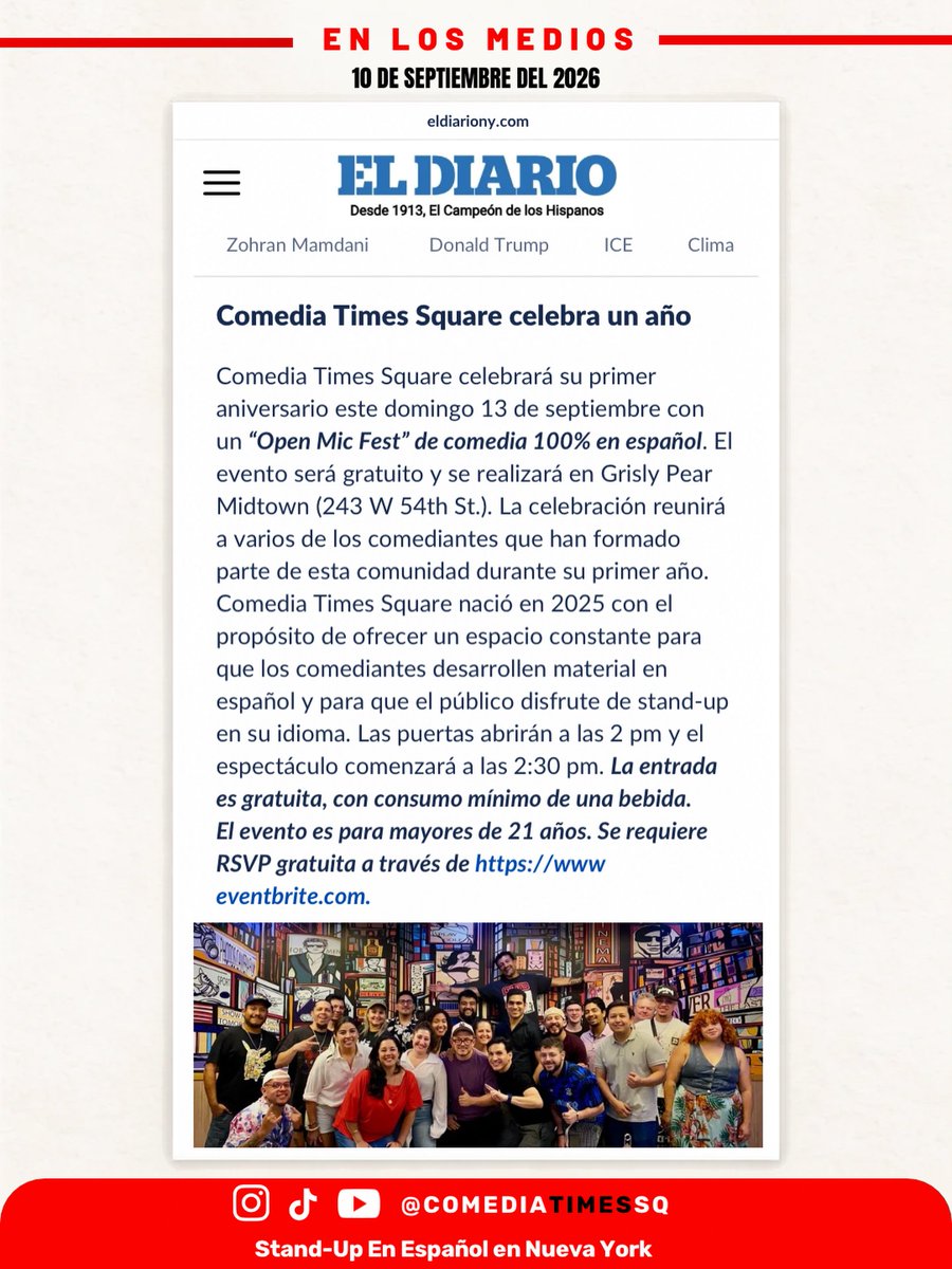 ComediaTimesSQ's tweet photo. ¡Comedia Times Square en @eldiariony ! 📰🎤 Gracias por destacar nuestro primer aniversario y el espacio que seguimos construyendo para el stand-up en español en Nueva York. Nos vemos este domingo en… #ComediaTimesSquare #StandUpEnEspañol #ComediaEnEspañol #EventosEnNYC https://t.co/66AI9sPpO1
