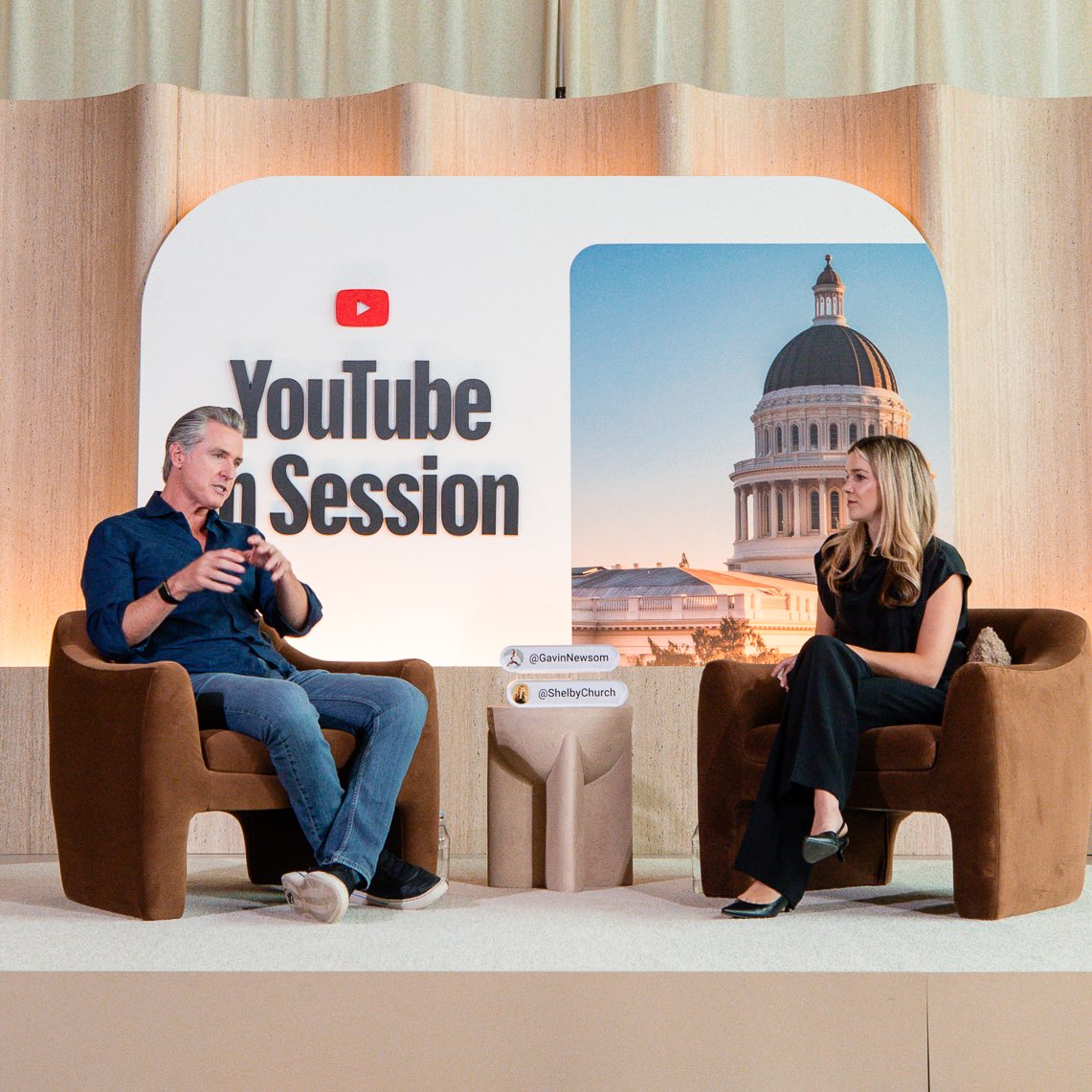 UpdatesFromYT's tweet photo. Yesterday we welcomed @GavinNewsom and YouTuber @shelbychurch for #YouTubeInSession to discuss how platforms have become dominant spaces for political discourse and why transparency matters. https://t.co/yNk0fW3rsK