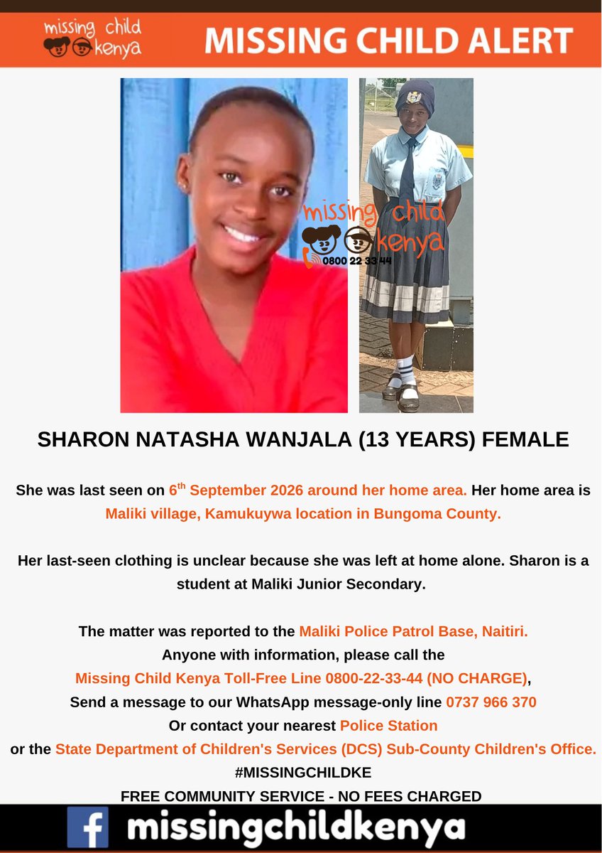 missingchild_ke's tweet photo. SHARON NATASHA WANJALA (13 YEARS) FEMALE #MISSINGCHILDKE https://t.co/EWgJitZZq7