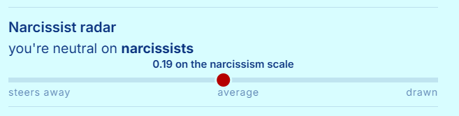 Aella_Girl's tweet photo. Added a narissist detector! https://t.co/SUl06iDVcx https://t.co/JD0PsP17pY