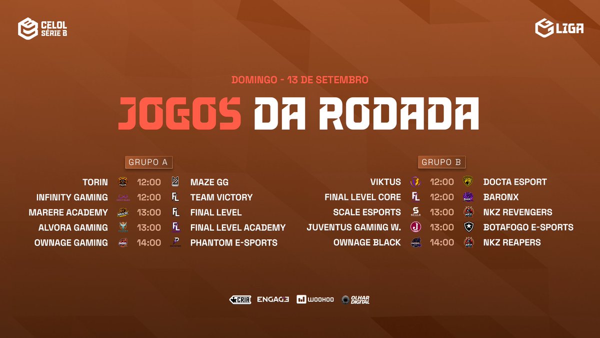 LigaGG_'s tweet photo. 🟠 O CELOL SÉRIE B COMEÇA NESTE FIM DE SEMANA!

Os primeiros confrontos estão definidos e sábado e domingo serão de muita disputa no Rift. 

@mazeggoficial, Viktus, @marereesports, @juventusgamingg, @gaming_ownage, Final Level, Alvoragaming, @Nkzcla_oficial, @DoctaEClub, team Victory, @esportsbotafogo entram em ação em busca das primeiras vitórias da temporada! 🔥

📅 12 e 13 de setembro
⏰ Jogos a partir das 12h

Arraste para o lado, confira todos os confrontos da rodada e conta pra gente: quem começa o CELOL Série B com vitória? 👀

Fique ligado nas redes da Liga GG para acompanhar os resultados e a classificação!

#LigaGG #CELOL #CELOLB #LeagueOfLegends #LoL #Esports #Gaming #Competitivo