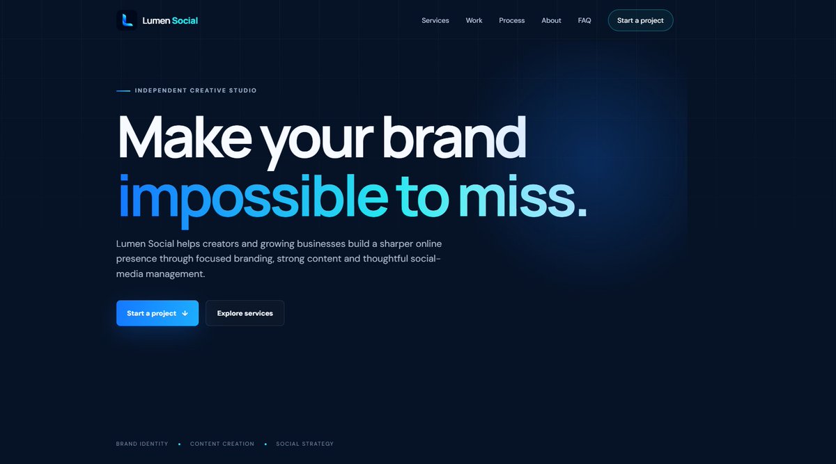 lumensocial's tweet photo. Your brand should feel consistent everywhere people find it.

Lumen Social helps creators and growing businesses with brand identity, content creation and practical social-media management.

Explore our services or start a project:

https://t.co/mdaduZacmq https://t.co/InUv23bGIp