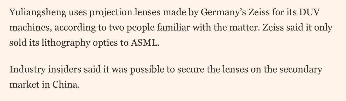 michellesnie's tweet photo. Zeiss advanced optics were one of the most critical chokepoints controlled by the U.S. and allies. This was one of the major reasons China hasn't been able to catch up in EUV yet.

Zeiss lenses were presumed by many to be covered by existing U.S/Dutch controls, since Zeiss is an exclusive supplier to ASML. But it seems that this no longer holds. This is no longer a commercial matter but one critical to national security.

The U.S. should prioritize efforts to coordinate export controls with Germany to keep Zeiss lenses out of China's hands.