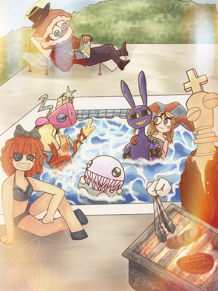 RuneZaZa's tweet photo. Grilling chilling and keeping Caine away from the water........ 
Artby @XviliX
#TADC #Caine #Ragatha #Pomnijax #Funnybunny #TheAmazingDigitalCircusFanArt https://t.co/DP7mI5gASU