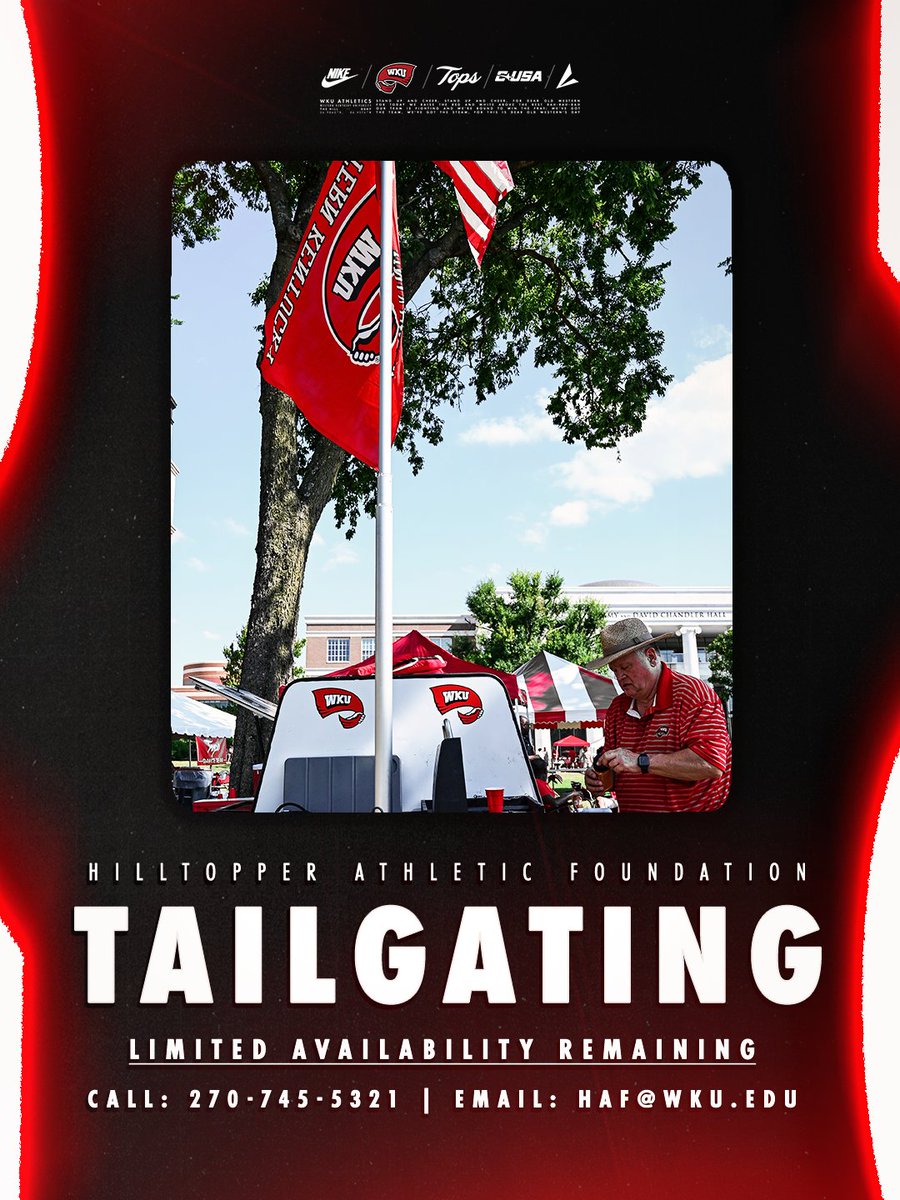 WKU_HAF's tweet photo. 🚨 Limited tailgating availability remains for the 2026 WKU Football season! Don’t miss your chance to secure your spot and take your Hilltopper gamedays to the next level.

Call 270-745-5321 or email haf@wku.edu to claim your spot! https://t.co/CJQSXMrM9e