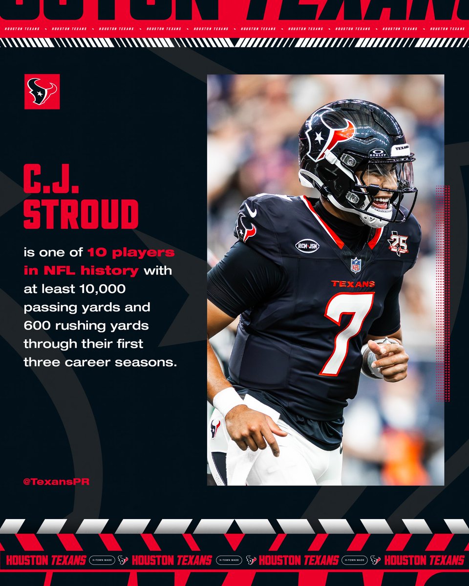 TexansPR's tweet photo. Stat Spotlight: QB C.J. Stroud is one of 10 players in NFL history with at least 10,000 passing yards and 600 rushing yards through their first three career seasons. https://t.co/iavtbWVRdJ