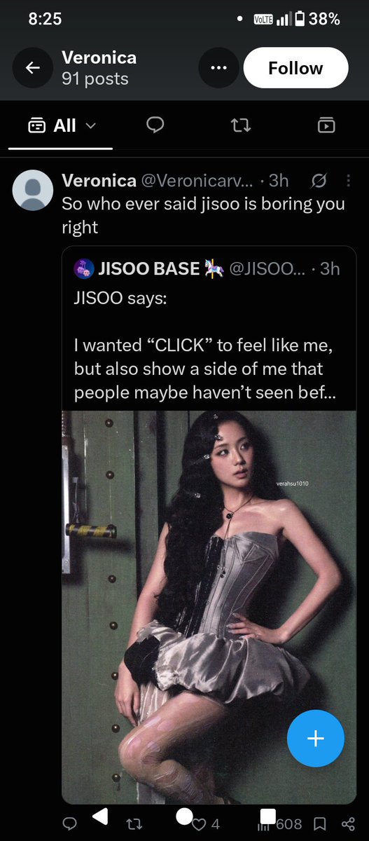 _Mae_Nilda_'s tweet photo. @Veronicarv6l This won't be tolerated. Moving forward. jisoo won't so anything because she is kind but I don't like what you do. People notice this and it hurts the fan base, it hurts us who love her https://t.co/fUvMQ8hISp