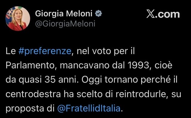elio_vito's tweet photo. Il Tg1 di TeleMeloni titola “dopo 35 anni tornano le preferenze (peccato siano finte), le stesse parole del post di Meloni. Si può essere più scorretti? Dovremo sopportare un anno di campagna elettorale così, senza presidente di garanzia e commissione parlamentare di vigilanza? https://t.co/VWZpaWCvIJ