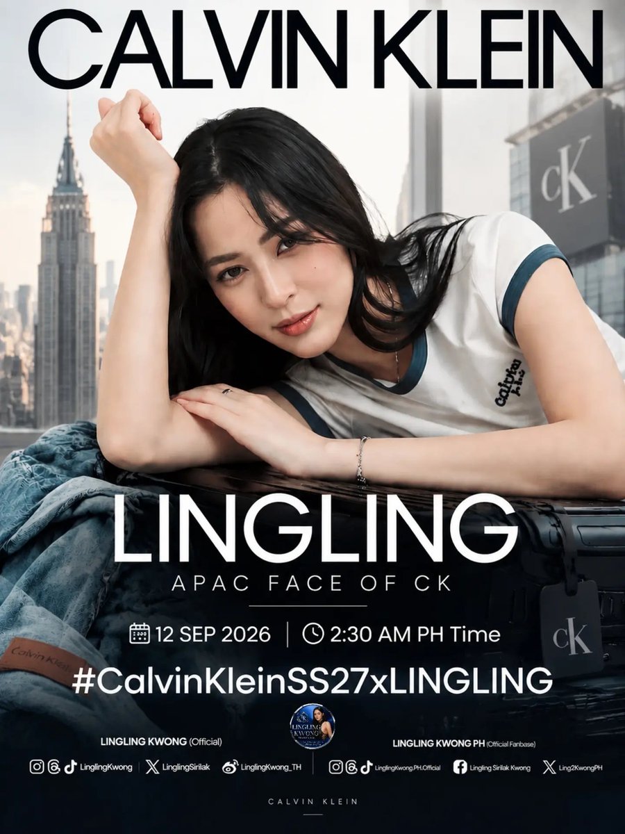 Ling2KwongPH's tweet photo. ⸝⸝ 🚨🛎 𝐓𝐑𝐄𝐍𝐃𝐈𝐍𝐆 𝐀𝐍𝐍𝐎𝐔𝐍𝐂𝐄𝐌𝐄𝐍𝐓 🔥

🇺🇸 THE COUNTDOWN BEGINS… NEW YORK IS CALLING, AND LINGLING IS READY TO ANSWER. 🗽🔥

A historic fashion moment is about to unfold as Lingling Kwong steps onto the global stage for her New York Fashion Week debut as Calvin Klein’s APAC Face. 🌎🤍

From Thailand 🇹🇭 to the heart of fashion in New York 🇺🇸, Lingling is bringing her signature confidence, elegance, and undeniable charisma to one of the biggest fashion events in the world.

This is more than a runway moment — this is a milestone.

A dream becoming reality.
A new chapter written on an international stage. ✨

With Calvin Klein’s iconic modern edge and Lingling’s effortless presence, the world is about to witness a fashion moment that belongs to her. 🔥👏

💜 To every fan, let’s unite and show our endless love and support. Let’s make this unforgettable moment shine across every platform! 🚀✨

🇺🇸 NEW YORK FASHION WEEK 2026
The city lights are waiting.
The fashion world is watching.

LINGLING KWONG IS ARRIVING. 🗽👑

🔑 LINGLING APAC FACE OF CK
#️⃣ CalvinKleinSS27xLINGLING
⏰ 1:30 AM BKK TIME
⏰ 2:30 AM PH TIME
🗓️ 12 SEP 2026

#LinglingKwongxCalvinKlein #CalvinKleinSS27
#linglingkwong @linglingsirilak