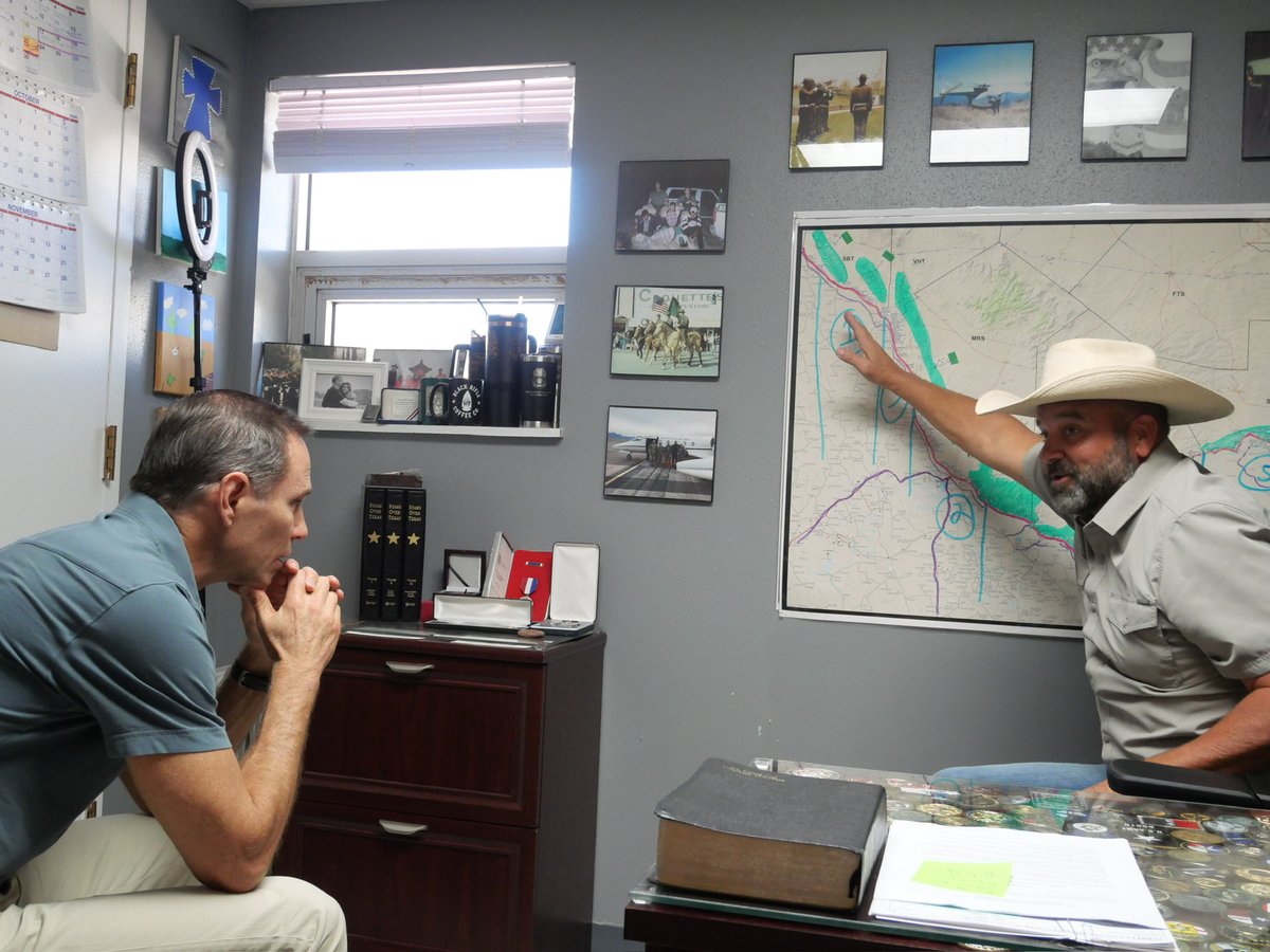 NathanForTexas's tweet photo. As the RNC proceeded with their opening day in my home city of Dallas, I spent the day 400 miles away, in the Big Bend border sector, with Terrell County Sheriff and 26-year Border Patrol veteran Thaddeus Cleveland: reviewing maps, discussing border policy and public safety, and walking the open spaces.
I traveled there to meet with landowners and law enforcement, to listen to the people who know how best to secure the border in places like this, preserve our historic lands, and keep communities safe in places like these. What I’m learning is that current state and federal border policies — including the grotesquely profitable, wasteful and destructive wall through this Big Bend sector — badly miss the mark.