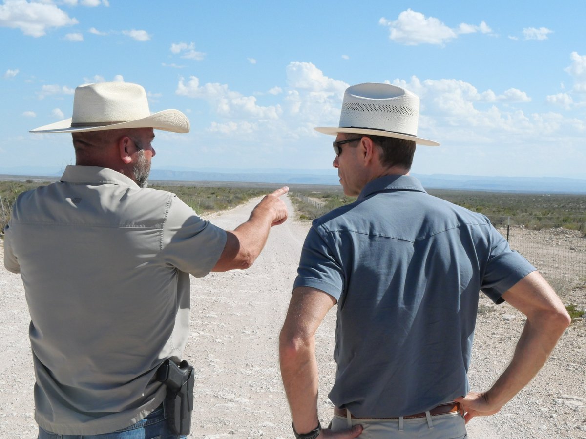 NathanForTexas's tweet photo. As the RNC proceeded with their opening day in my home city of Dallas, I spent the day 400 miles away, in the Big Bend border sector, with Terrell County Sheriff and 26-year Border Patrol veteran Thaddeus Cleveland: reviewing maps, discussing border policy and public safety, and walking the open spaces.
I traveled there to meet with landowners and law enforcement, to listen to the people who know how best to secure the border in places like this, preserve our historic lands, and keep communities safe in places like these. What I’m learning is that current state and federal border policies — including the grotesquely profitable, wasteful and destructive wall through this Big Bend sector — badly miss the mark.