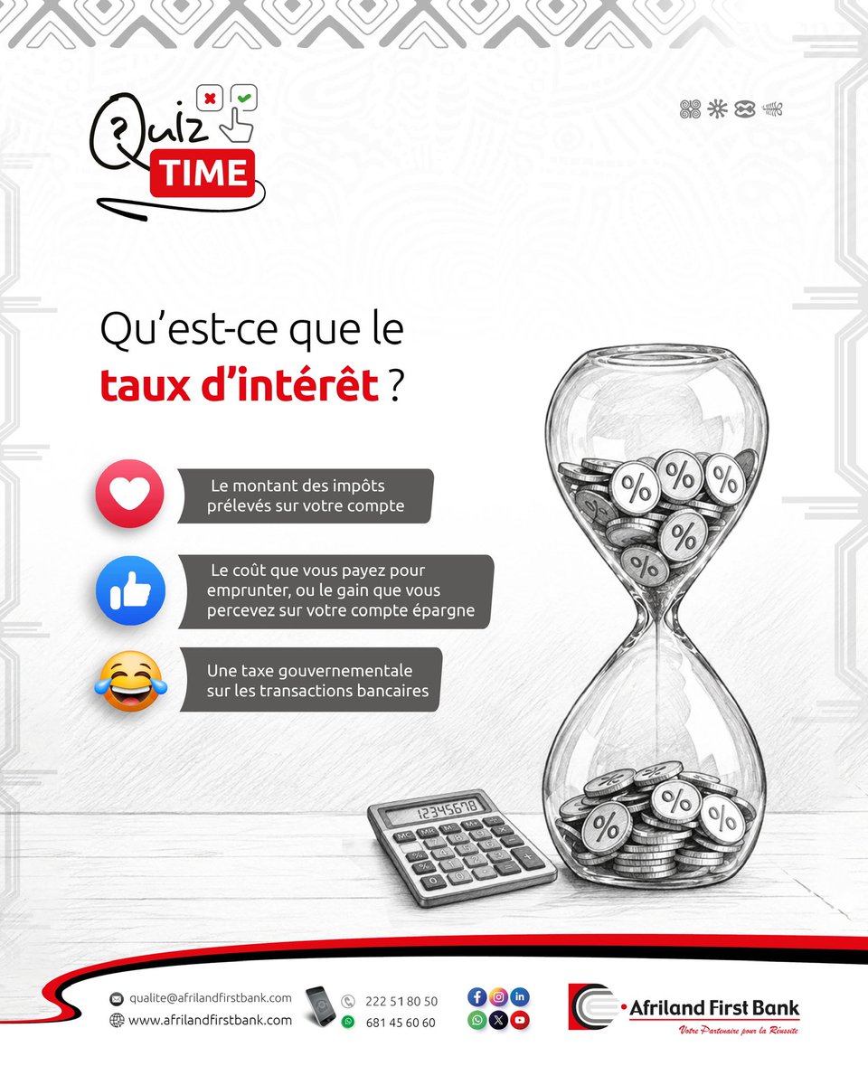 Afriland_CMR's tweet photo. Quiz Time ! 

À votre avis, quelle est la bonne réponse ? 
❤️, 👍🏽 ou 😂 ? Dites-nous votre choix en commentaire !

#QuizTime #AfrilandFirstBank #FinancePourTous https://t.co/D2QEukqUR3