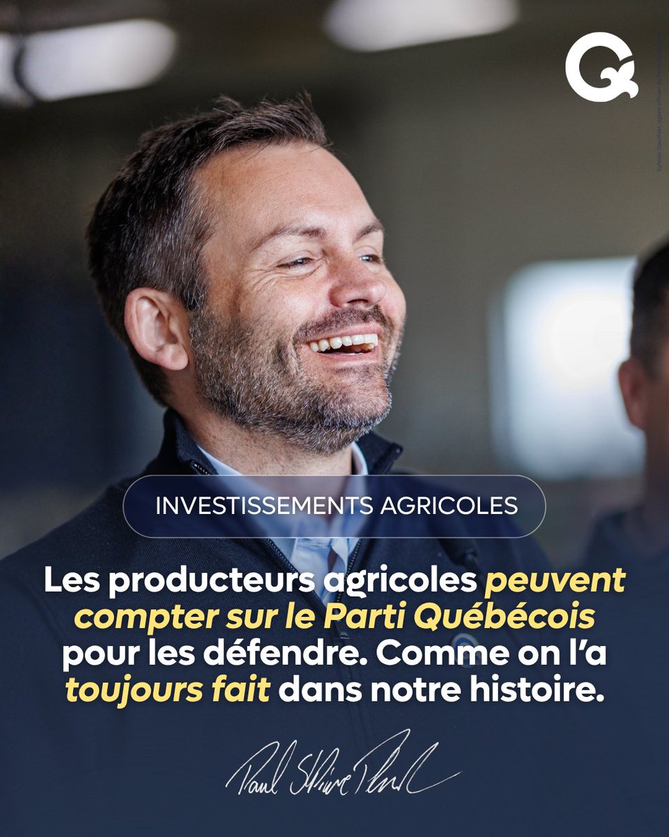 partiquebecois's tweet photo. L’agriculture est un pilier fondamental de notre économie et un moteur de vitalité régionale. En 2025, ce sont 13,5 G$ qui ont été générés grâce à cette industrie. Au Parti Québécois, on souhaite faciliter la vie de celles et ceux qui s’assurent qu’il y ait des aliments d’ici dans les assiettes des Québécoises et des Québécois. 

C’est pourquoi notre gouvernement agira sur cinq grandes priorités: 

1️⃣ La protection du territoire agricole;

2️⃣ L’aide à la relève agricole; 

3️⃣ La stimulation de la souveraineté alimentaire; 

4️⃣ L’augmentation du revenu agricole;

5️⃣ La réduction du fardeau administratif et réglementaire des entreprises.

Rappelons que ces mesures s’ajoutent à notre engagement pour la baisse d’impôt des sociétés de 20% pour les PME québécoises et à la réduction du fardeau administratif et réglementaire qui sévit sur les entreprises agricoles.

Au Parti Québécois, le mot d’ordre, ce sera de laisser les agricultrices et les agriculteurs: «Ce sont eux les mieux placés pour savoir ce qui est bon pour eux», comme l'explique notre chef, @PaulPlamondon.