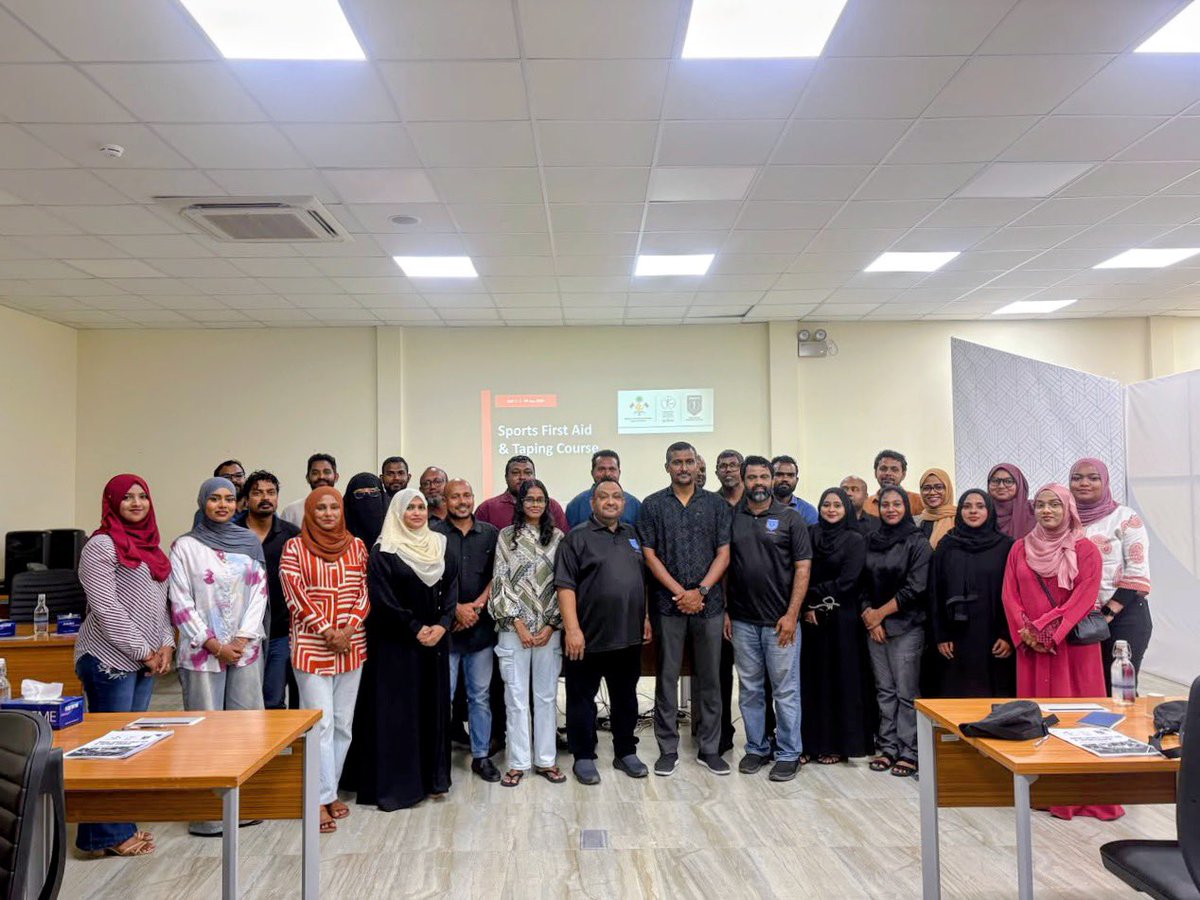 MoYSF_mv's tweet photo. The Basic Sports First Aid & Taping Course is underway in Hithadhoo, Addu City, from 9-11 September 2026.

Organised by the Maldives National Institute of Sports (MNIS) in collaboration with the Sports Medicine Association of Maldives (SMAM), the three-day course equips participants with essential knowledge and practical skills in sports first aid, injury assessment and management, and taping techniques.

The opening ceremony was graced by Dr. Ahmed Adeel, CEO of Addu Equatorial Hospital, as the Chief Guest.