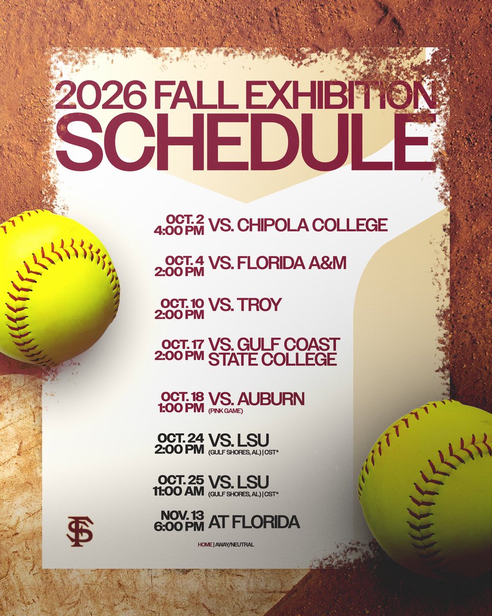 FSU_Softball's tweet photo. Save the dates 🗓️🥎

The 2026 Florida State Softball fall ball schedule is here! 

🗞️ https://t.co/guWR0n1GoS https://t.co/qjEl3uvHsR