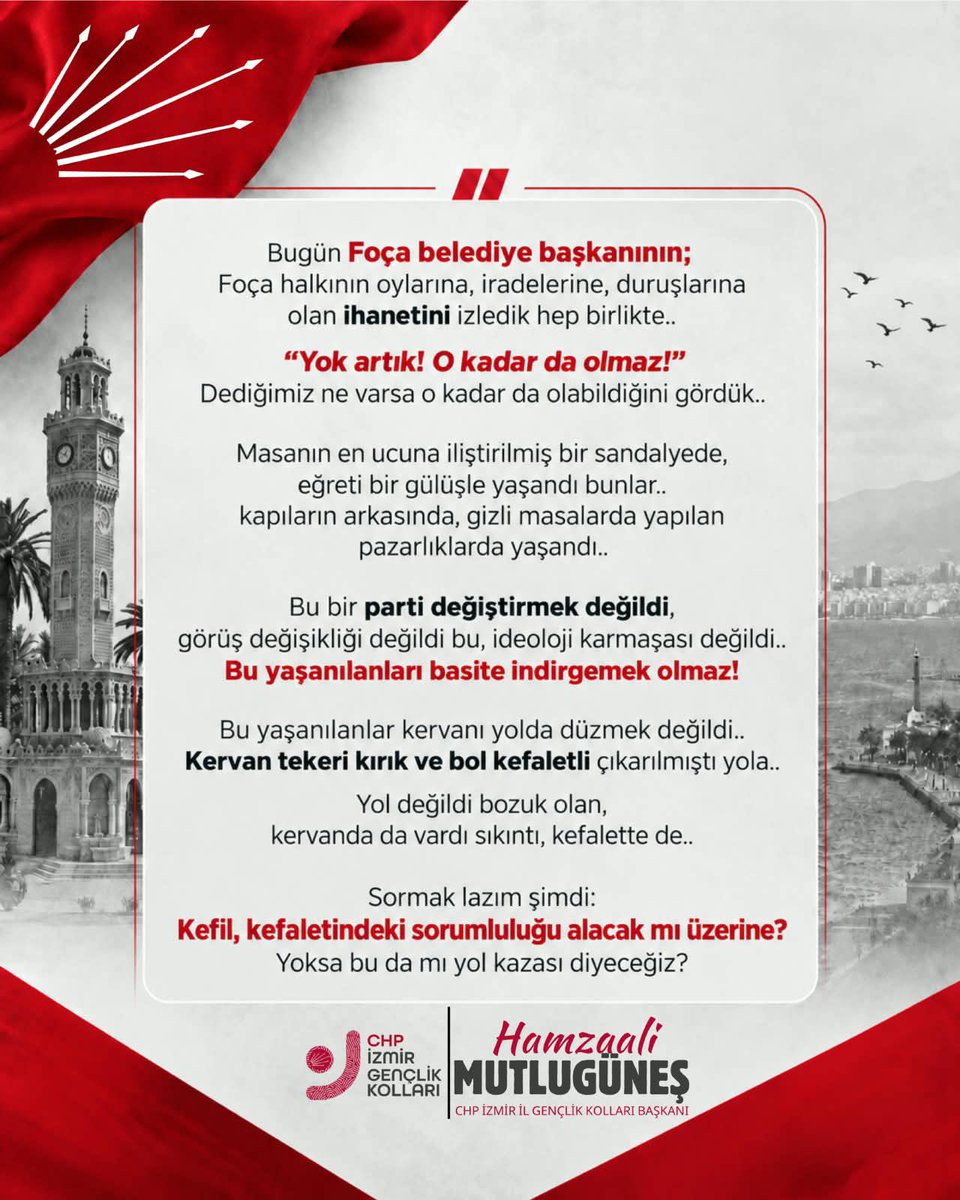 hamzamutlugunes's tweet photo. Bugün Foça belediye başkanının; Foça halkının oylarına, iradelerine, duruşlarına olan ihanetini izledik hep birlikte.. 
“Sormak lazım şimdi: Kefil, kefaletindeki sorumluluğu alacak mı üzerine? Yoksa bu da mı yol kazası diyeceğiz? https://t.co/gmrcQGKvJ5