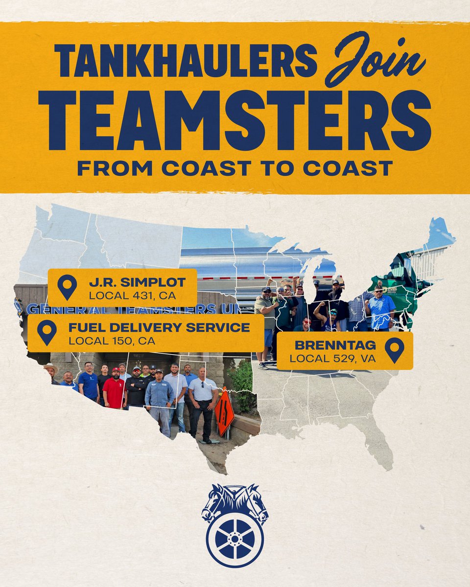Teamsters's tweet photo. TANKHAULERS JOIN TEAMSTERS FOR STRONG UNION REPRESENTATION

Highly skilled drivers and warehouse workers, who handle hazardous materials such as gas, ethanol, herbicides, and sulfuric acid are organizing with the Teamsters from coast to coast because they know life’s better with North America’s strongest union.

"Joining the Teamsters was a no-brainer for us," said Christopher Dugger, a three-year driver and proud new member of Local 592. "We saw what the Teamsters were able to accomplish at other locations. Now it's our turn to stand together and build on that victory here in Richmond."