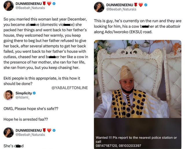 yabaleftonline's tweet photo. Man reportedly m*rd3rs his wife in her mother’s presence after she left him over domestic v!0l3nce in Ekiti. https://t.co/bsH9RKkxYO