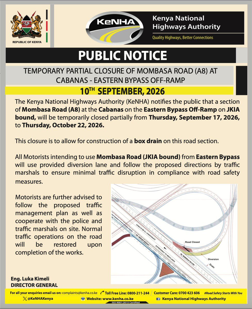 KeNHAKenya's tweet photo. Temporary Partial Closure of Mombasa Road (A8) at Cabanas - Eastern Bypass Off-Ramp https://t.co/MUI7Lf7nqu
