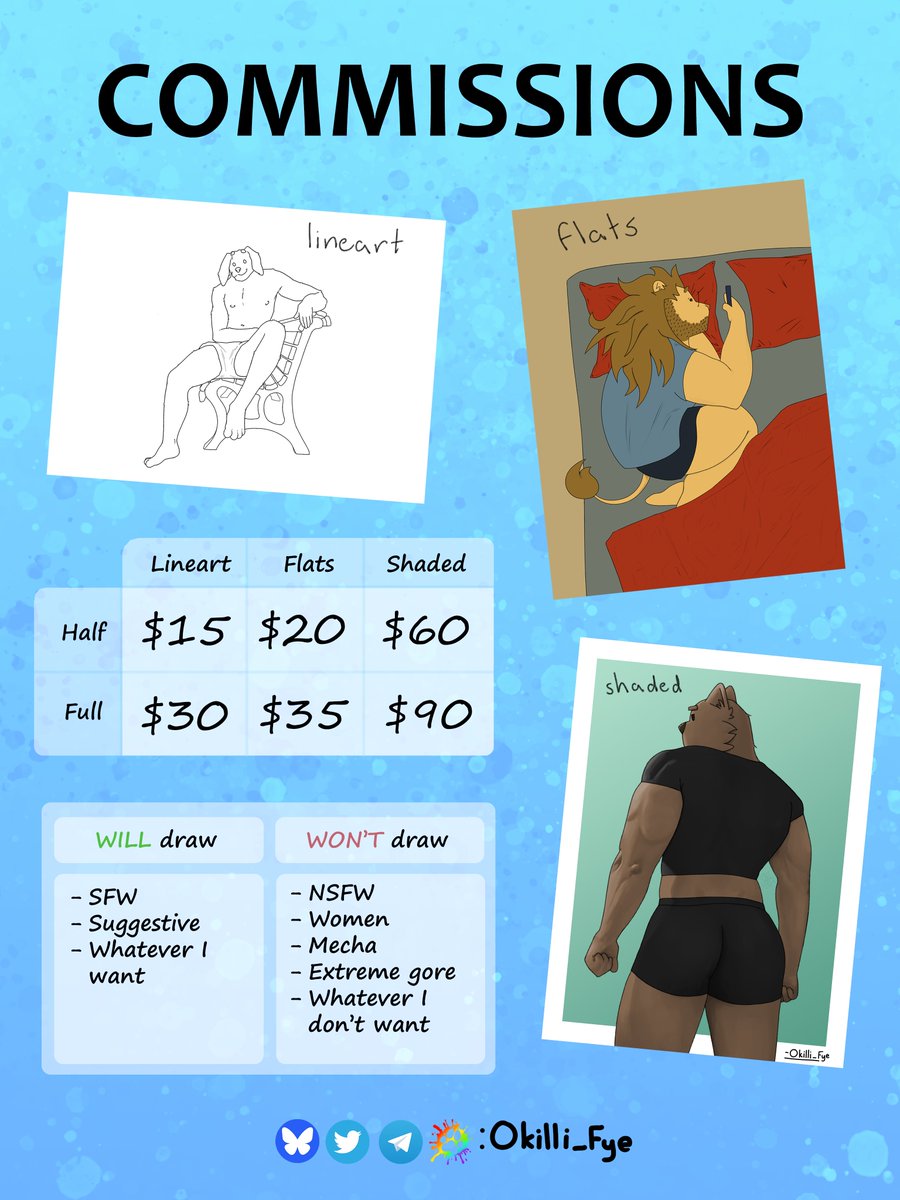 OkilliFye's tweet photo. I'm opening up commissions! This process is new to me, so I'm only opening up 3 slots. Feel free to go to my website for more information.

https://t.co/GLlxbrwpsn https://t.co/liQtFYxGvK