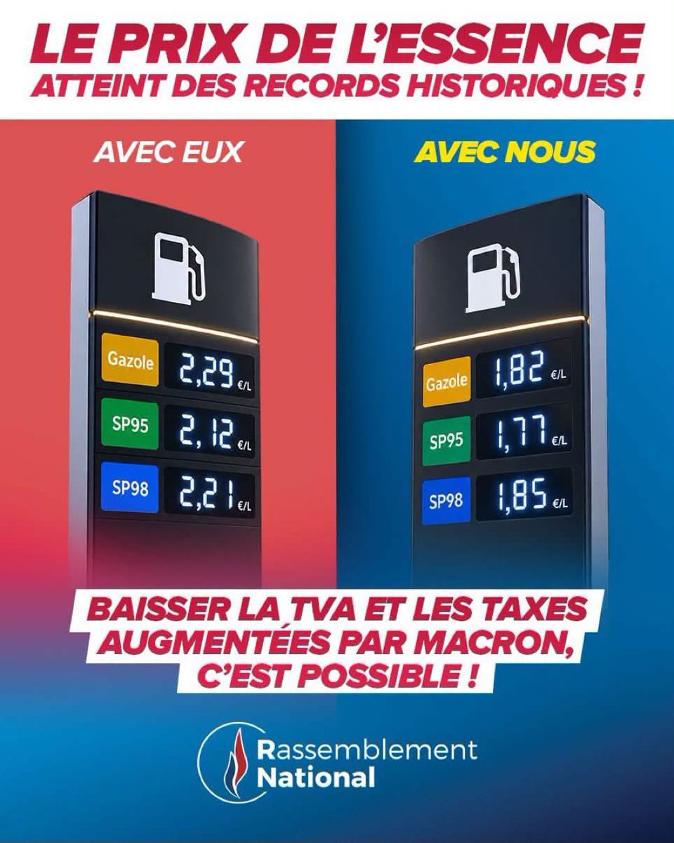 BastianMaldiney's tweet photo. ⛽️ 2,29 € le litre : ça suffit !

Les prix explosent, le pouvoir d’achat baisse. 🚗
Baisser la TVA et les taxes sur les carburants, c’est possible.

👉 Moins de taxes, plus de pouvoir d’achat. 🇫🇷 https://t.co/8CPHw2t7Fx