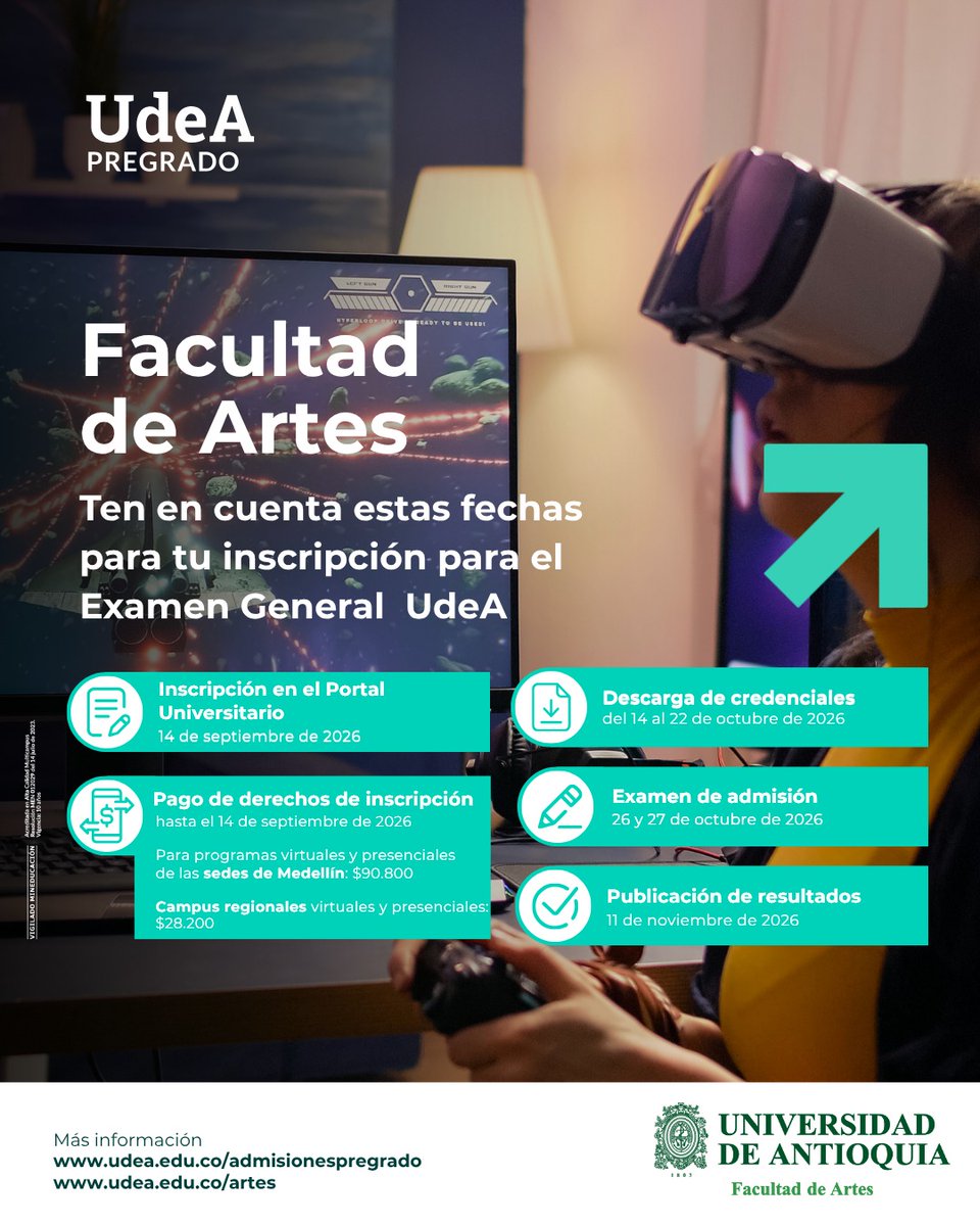 artesudea's tweet photo. 🎭🎼 ¡Abrimos inscripciones para los pregrados en Artes Escénicas y Música de la Facultad de Artes #UdeA!

💚🏡¿Quieres formarte en las artes? Este es el momento para iniciar tu proceso de ingreso a nuestra Facultad.
Ingresa a: https://t.co/FiWQXgu6Su https://t.co/ZGfbXsU3zm