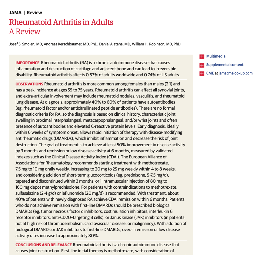 LuisOliverio's tweet photo. Artritis reumatoide (AR), la última revisión de JAMA (2026). Algunos puntos clave:

🟡 No hay criterios diagnósticos de AR. Los ACR/EULAR 2010 son de clasificación. El diagnóstico es clínico: sinovitis en muñeca, MCP y PIP respetando las distales, rigidez matutina >30 min.

🟡 Metotrexate: iniciar 7.5-10 mg/semana y escalar a 20-25 mg/semana en 4-8 semanas, con ácido fólico 1 mg/día o 5 mg/semana. La vía SC  se reserva para intolerancia GI.

🟡 Meta con fecha: mejoría ≥50% del CDAI a los 3 meses, remisión o baja actividad a los 6. Si no, se cambia el FAME.

🟡 Esteroide = puente. Prednisona 5-7.5 mg/día, suspender antes de los 3 meses.

🟡 JAK, si falla anti-TNF (Tofacitinib, Baricitinib, Upadacitinib, Filgotinib).

Ya está todo actualizado en las apps.