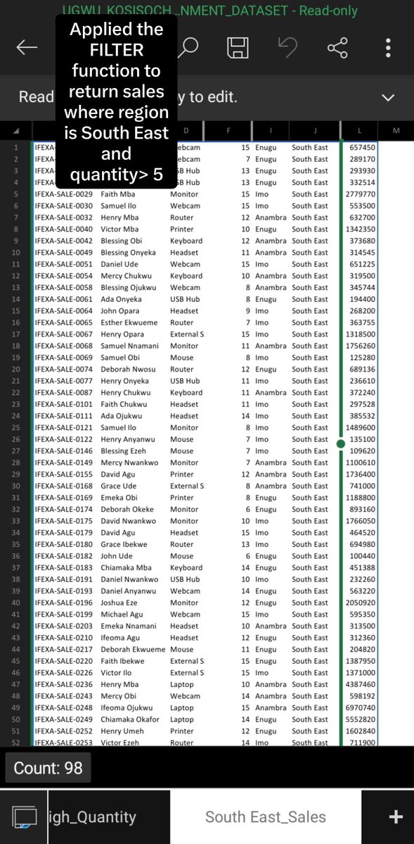 priscaaaaaaa_04's tweet photo. Day 6 @Ifexaacademy I learnt how to FILTER huge datasets based on single &amp; multiple conditions, using the AND(*) logic to get more specific results. We were given an assignment,I worked through the challenge and applied the FILTER function practically. #DataAnalysis #WomenInTech https://t.co/2TqyAgys7s