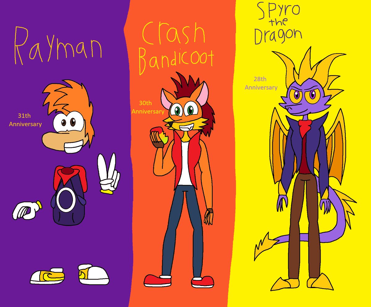 PatrickMoua1's tweet photo. My first time drawing Rayman, Crash and Spyro.
Happy anniversary to Rayman 31th, Crash bandicoot 30th and Spyro the dragon 28th.
#crashbandicoot #rayman #spyrothedragon https://t.co/4yBwETCrw7