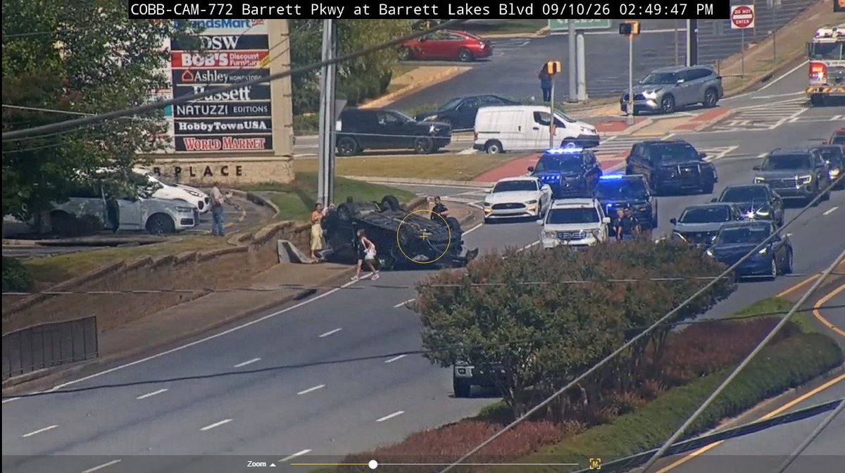 CobbDOT's tweet photo. Crash in the SB Barrett Pkwy outside lane at Cobb Place Blvd, traffic is down to one lane. #ATLTraffic https://t.co/hL8q30W2FG