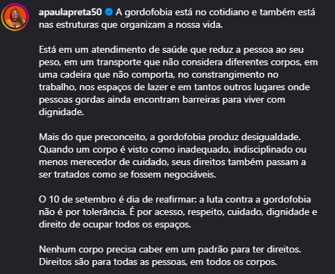 paulapreta50's tweet photo. Nenhum corpo precisa caber em um padrão para ter direitos. Direitos são para todas as pessoas, em todos os corpos. https://t.co/oND5TCqLxQ