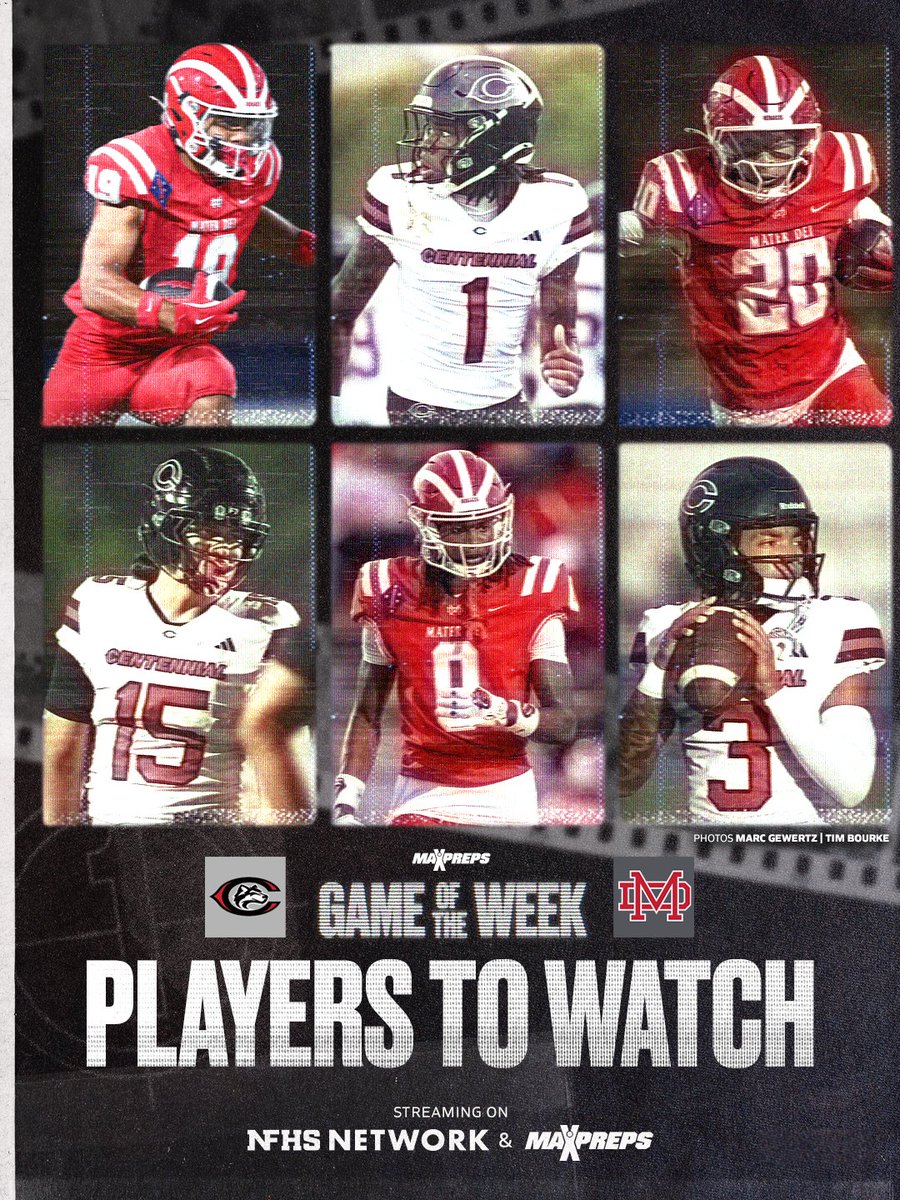 MaxPreps's tweet photo. Not only is the MaxPreps Game of the Week loaded with history and drama, it's chalk full of talent. Here's a look at players to watch in Friday's showdown. 🏈

Watch No. 13 Centennial (CA) take on No. 14 Mater Dei (CA) LIVE at 7 pm (PT) on @NFHSNetwork ⬇️
https://t.co/ubulVYa6u5 https://t.co/yEdpKZEm8F