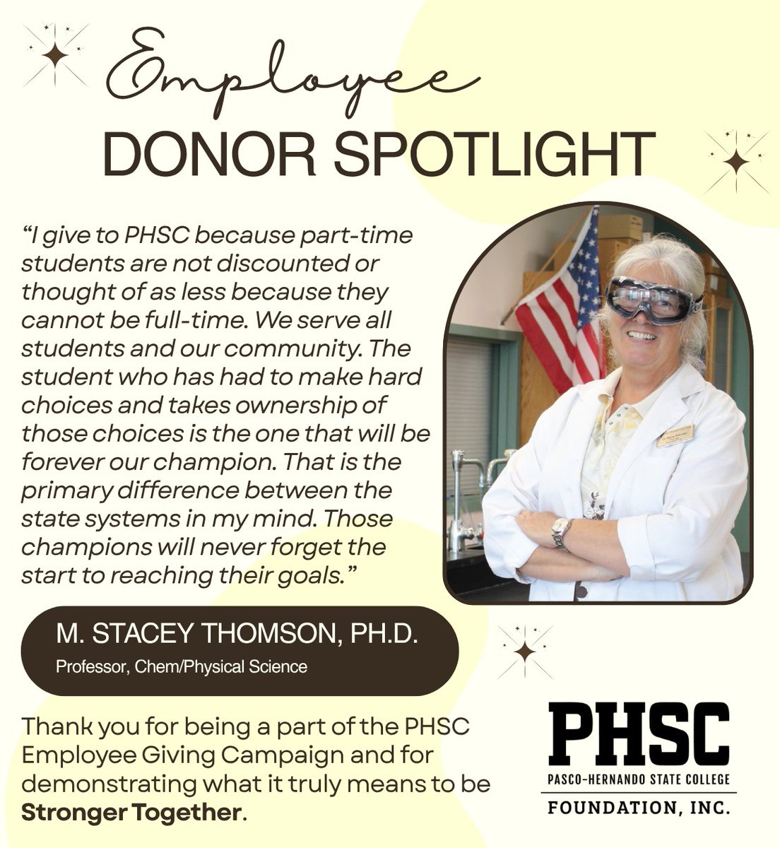 PHSCFoundation's tweet photo. The #PHSCFoundation is deeply grateful for all #PHSCedu employees who lead by example through their generosity. Our first donor spotlight is M. Stacey Thomson, Ph.D., @PHSCedu Professor of Chem/Physical Science.

🫶THANK YOU, Dr. Thomson! Your gift shows we are #StrongerTogether! https://t.co/fFwdaMIXNU