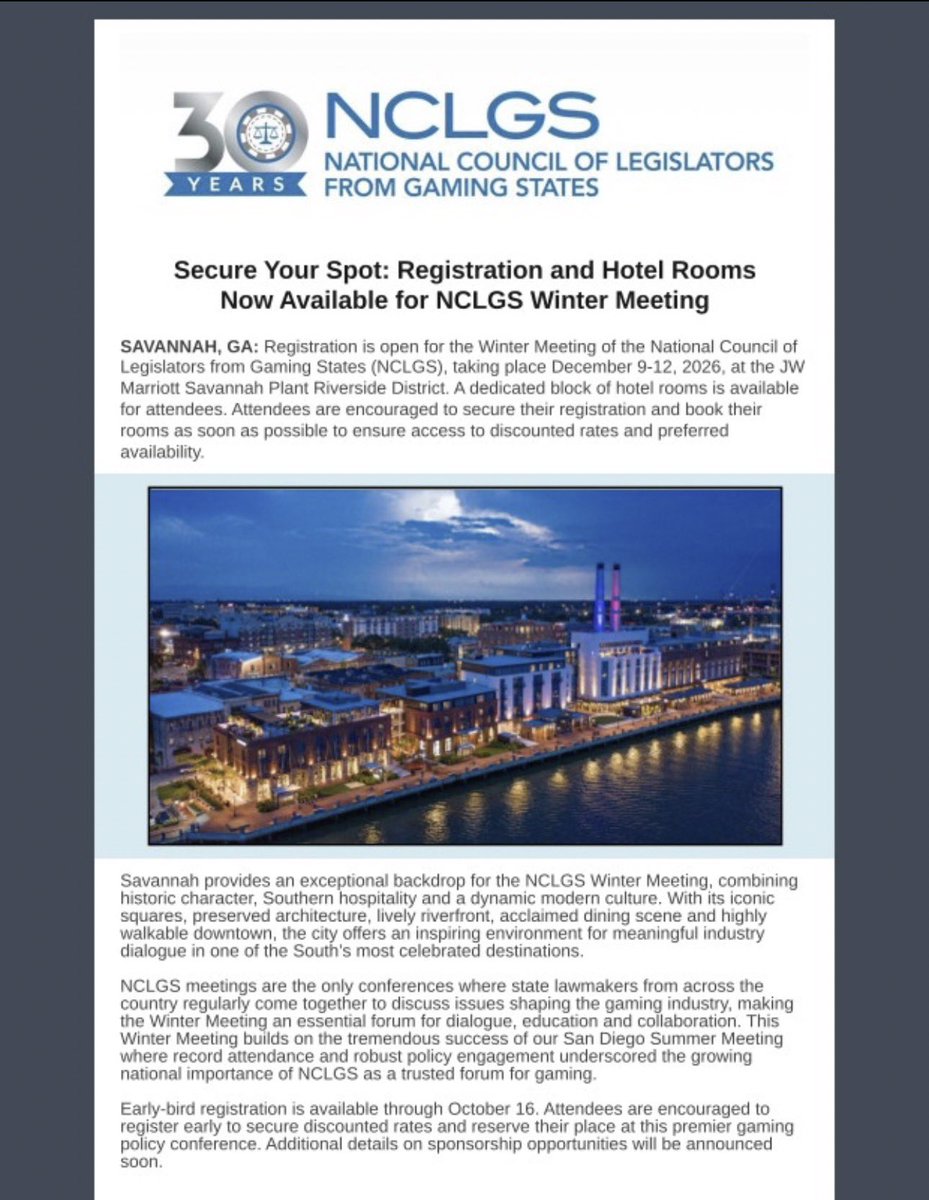 NCLGS's tweet photo. 📌 Secure Your Spot: 
Registration and Hotel Rooms Now Available 
NCLGS Winter Meeting
Dec. 9-12, 2026, at the JW Marriott Savannah Plant Riverside District. 
🔗 Register here for Winter Meeting :https://t.co/0IaQuadOXv
🔑 Secure your room here: https://t.co/2uqcMGe02N
#NCLGS https://t.co/h7Z8OgEVOH
