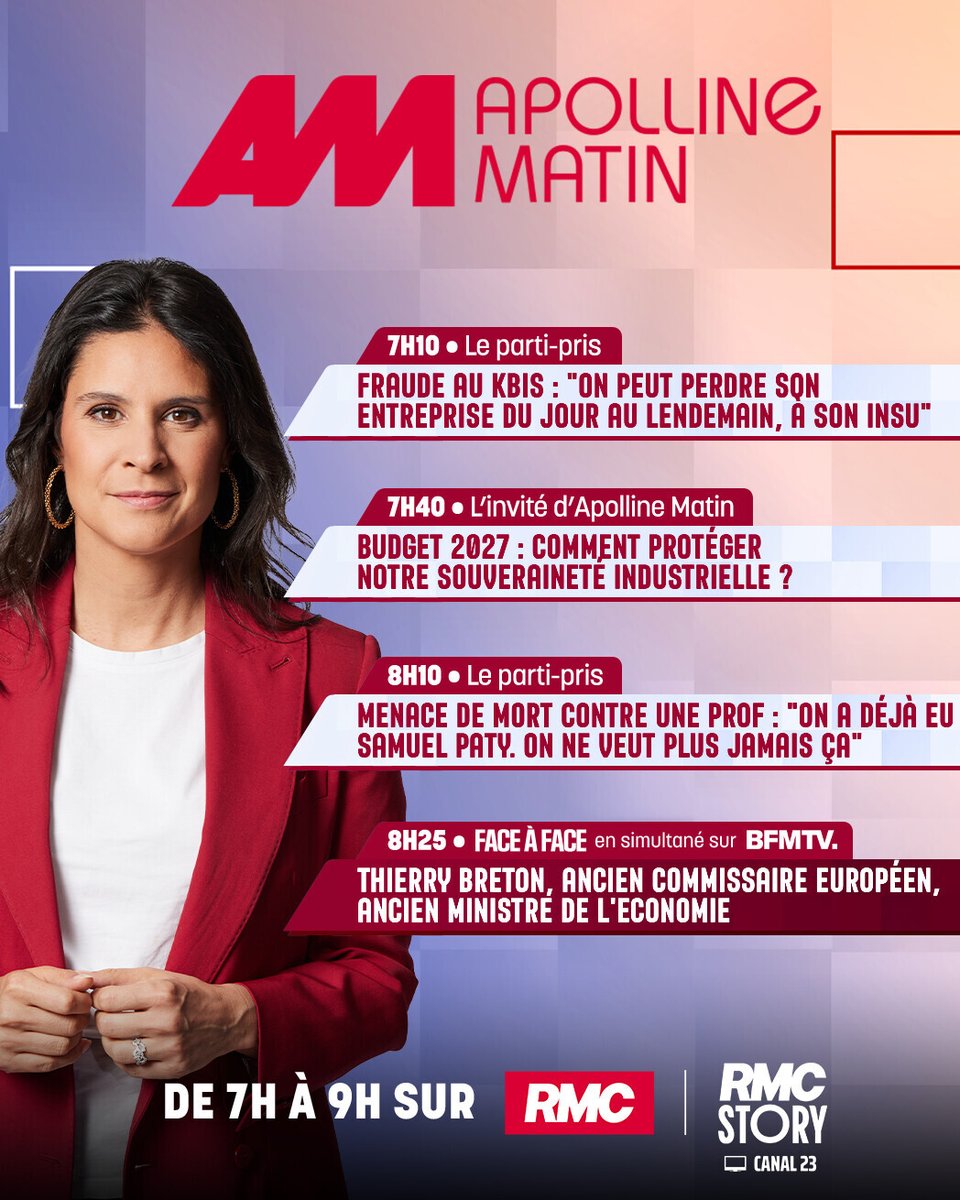 RMCInfo's tweet photo. 🎙 Demain, dès 7h, dans #ApollineMatin :
► 7h10 : Clara Robert, architecte d'intérieur et décoratrice 
► 7h40 : Charles Wolf, directeur France de Sanofi et président d'Initiative Pharma
► 8h10 : Thierry Pajot, secrétaire national du Syndicat des Directrices et Directeurs d'École 
► 8h25 : Thierry Breton, ancien commissaire européen et ancien ministre de l'Économie
