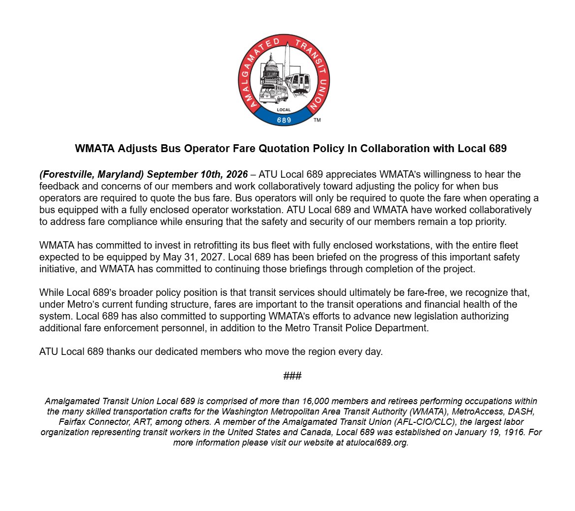 ATULocal689's tweet photo. WMATA adjusts Bus Operator fare quotation policy in collaboration with Local 689 https://t.co/QulvlONYZ6