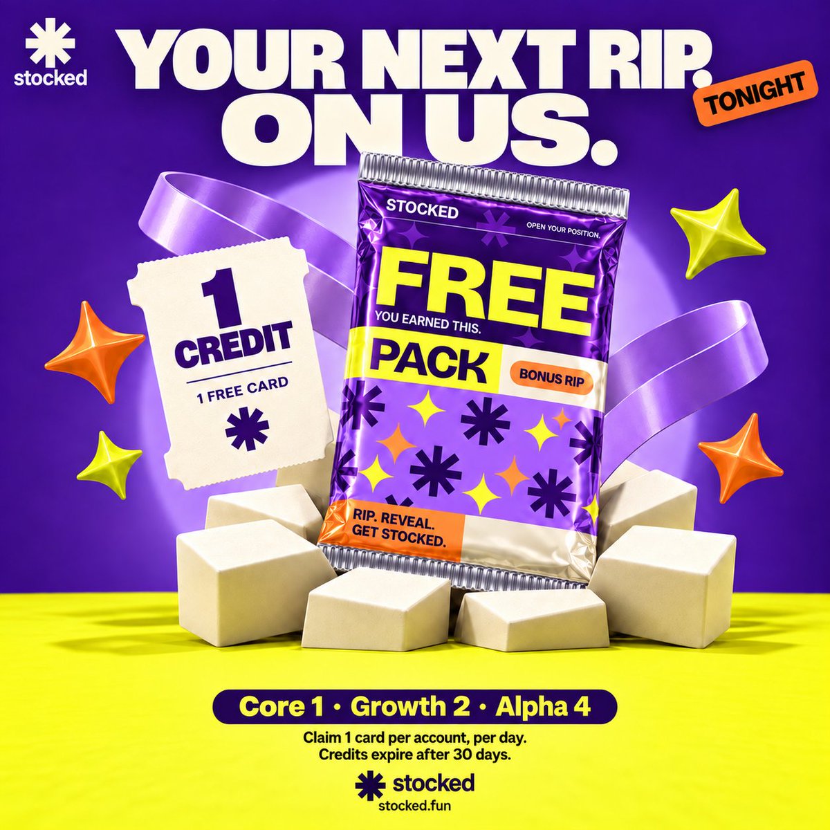 StockedRWA's tweet photo. Your next rip is on us. ✳

Free Pack arrives tonight. Paid packs earn credits:

Core → 1
Growth → 2
Alpha → 4

Use 1 credit to reveal 1 token card, straight to your wallet. 

Claim once per account, per day. Credits last 30 days. https://t.co/gpbQeWczn0