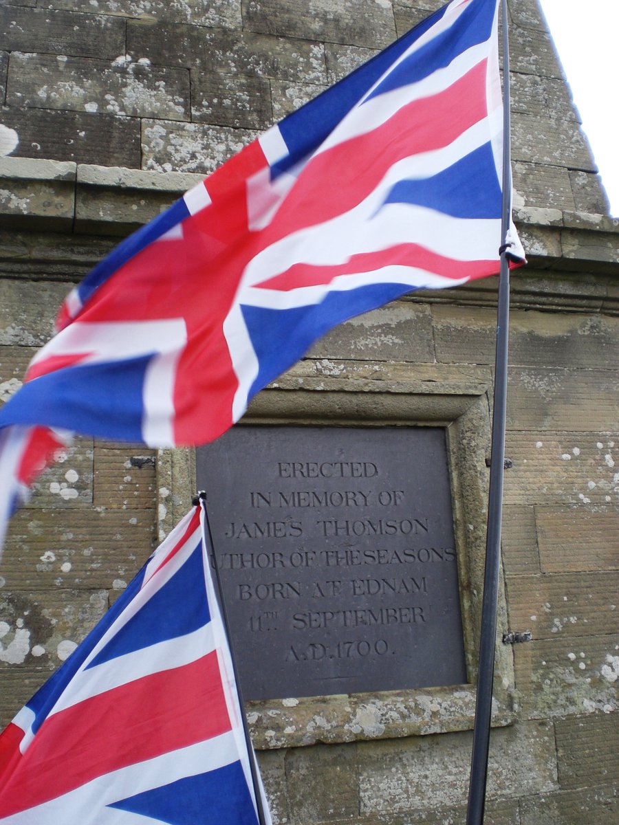 UKaForceForGood's tweet photo. JAMES THOMSON, SCOTTISH AND BRITISH PATRIOT
The author of the "Rule Britannia" song was born on this day, 11 September 1700 in Ednam, Roxburghshire.

The song was first performed on 1 August in 1740. It was sung in the masque (a court performance) called "Alfred", about Alfred the Great.

He co-wrote "Alfred" with David Mallet, and Thomson's song "Rule Britannia" was set to music by Thomas Arne.

It was performed at Cliveden, the country home of Frederick, Prince of Wales – the eldest son of George II – to commemorate the accession of George II, and the third birthday of Frederick's daughter, the Princess Augusta. (Frederick pre-deceased his father, and on George II's death, the throne passed to Frederick's eldest son, George III.)

His words, "Rule Britannia! Britannia rule the waves. Britons never, never, never shall be slaves" are not meant to be a boast about things past. The word is not "rules".

Rather the word is "rule". An exhortation for Britons, through our navy, to rise to commanding heights in the world. That is, "to rule".

After this song appeared, Britain did indeed follow that command quite successfully!

Pictured is his monument outside Ednam; when A Force For Good visited with our flags on 3-9-17.
---
If you like our daily educational work, then please help us to keep going for the next 3 months with a donation at our British Autumn Appeal
👉 https://t.co/XikhdY8GX5
We also have a range of patriotic rewards that can be claimed if you'd like one. 🙂