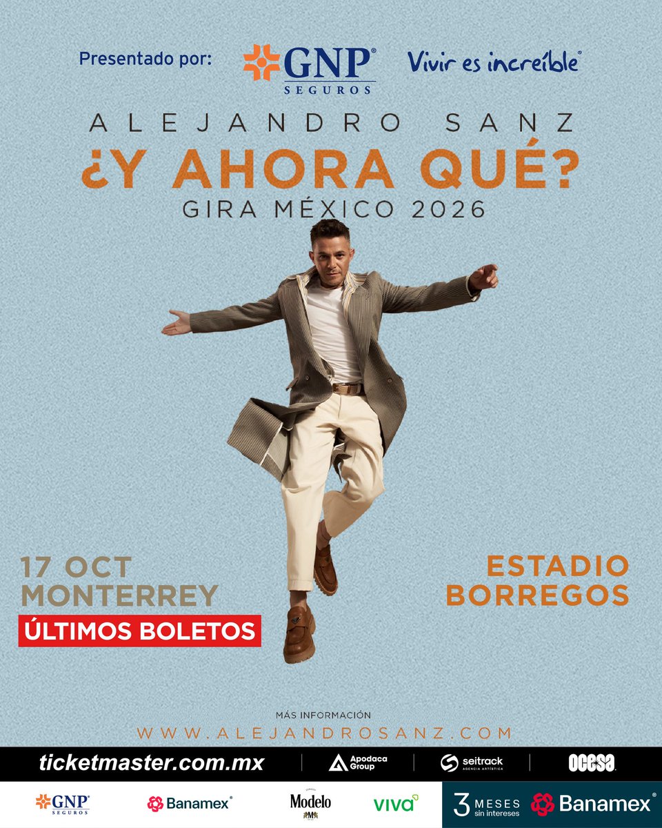 ocesa_pop's tweet photo. Presentado por @GNPSeguros 
¡México! Ya solo quedan los ÚLTIMOS BOLETOS para la gira “¿Y Ahora Qué?” De Alejandro Sanz en Guadalajara, Monterrey, Aguascalientes y CDMX. 🎶🔥
Corre por los tuyos a @eticket y @Ticketmaster_Me 

https://t.co/a4pLtz9ZsW

#Viviresincreíble https://t.co/VVGbTRgSXd