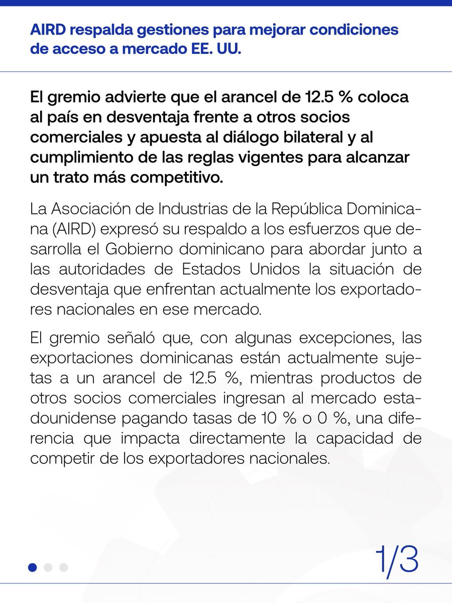 airdmedia's tweet photo. Respaldamos las gestiones para mejorar las condiciones de los exportadores nacionales y ampliar las oportunidades de la industria dominicana en los mercados internacionales.

➡️La nota completa está disponible en la sección Prensa de nuestra página web: https://t.co/1rVNwhLzt1 https://t.co/ndf7UywLFH
