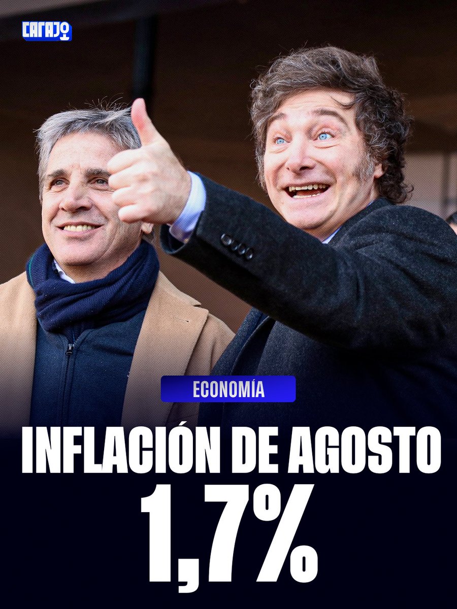 CarajoStream's tweet photo. LA INFLACIÓN SIGUE CEDIENDO 📉

El INDEC informó el dato de Agosto: 1,7%. La interanual se ubicó en 33,5% y el acumulado de los primeros ocho meses fue del 21,3%. El programa de estabilización continúa mostrando resultados. https://t.co/ngBdUmvbBz