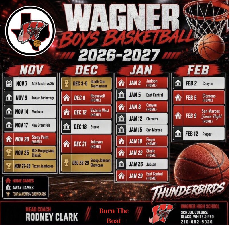 WagnerboysBball's tweet photo. Look at our schedule for this upcoming season!!! #BurnTheBoat @AlamoCityHoops1 @SSports_Media @GASOTim @TXHSBB https://t.co/UEkzzB6UgP