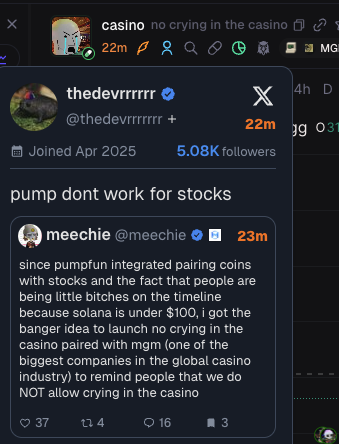 bigbagsbobby's tweet photo. realizing everyone in the trenches is an actual RETARD so let me explain how the pumpfun stock pairings work very simply.

pumpfun stock pairs:
• normally we've had TOKEN/SOL & TOKEN/USDC.

• now you can have TOKEN/STOCK or TOKEN/<insert custom pair>

• the PAIRING is what your coin trades against. this does NOT automatically pay holders stock rewards or “dividends.”

they're just normal pumpfun coins paired with a different asset. if SOL goes up, TOKEN/SOL is worth more in dollars as long as the token’s price stays the same. same idea if its paired with SPY / QQQ / PUMP / ETH / whatever. 

there's still cashback + creator rewards.

cashback: traders get normal cashback from trading, just like on SOL or USDC pairs.

creator rewards: creator fees go to the dev or anywhere else the dev directs the fees. 

ok, so where do stock rewards come from?

@otc_labs is a separate platform, basically a pumpfun wrapper. OTC uses a portion of a coin’s creator fees to buy tokenized stock or other reward assets for holders.

THAT is where rewards would come from. not the pairing itself.

using MGM as an example:
MGM pair + cashback: the coin trades against tokenized MGM. traders get cashback. holders don’t automatically earn MGM. 

this is NOT "wrong" or "broken" --  its simply how the coin was deployed. 

MGM pair + creator fees routed to OTC for MGM rewards: the coin trades against tokenized MGM, AND a portion of its creator fees buys MGM rewards for holders. 

you can also have TOKEN/SOL and still reward holders with stock through OTC. the reward asset doesn’t have to match the pair. (that’s how most OTC coins were set up before pump’s update.)

neither setup is automatically right or wrong.

it’s whatever the dev chooses to launch, but people should understand what they’re buying.

the market will decide what the "meta" is for these coins.

hopefully this clears things up. have fun out there