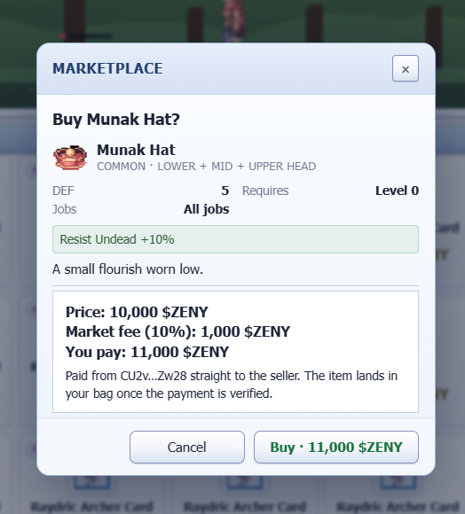 Ginaoix's tweet photo. A small flourish, but a worthy one. 🧢✨
I finally grabbed the Munak Hat from the marketplace for 11,000 ZENY. +10% Resist Undead, Level 0, all jobs. Not the rarest treasure, but every adventure starts with the right gear. ⚔️🔥 @IdleROGame #IdleRO https://t.co/EzxNynnP9c