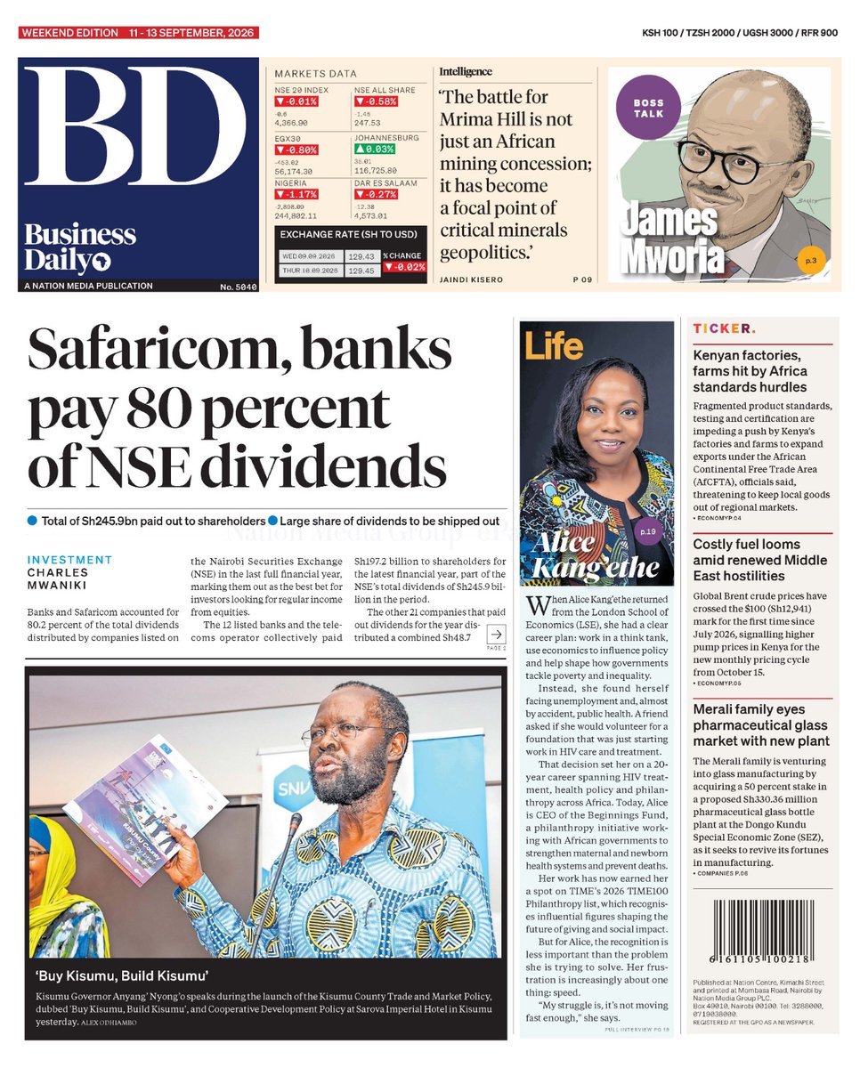 BD_Africa's tweet photo. Safaricom, banks pay 80 percent of NSE dividends, and the stories moving markets today.

Read the full Business Daily ePaper plus live updates on https://t.co/dbY5XTFE2E, all in one subscription.

That's Business Daily Premium for Sh450/week.

Tap here: https://t.co/KCHLSTghLR

#BusinessDaily #FollowYourMoney

Sept 11, 2026 🗞️ 📊