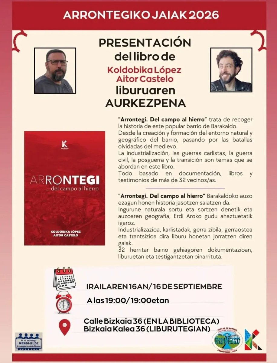 KoldoLopez4's tweet photo. Los autores del libro "Arrontegi; del campo al hierro" tienen el gusto de invitarles a la presentación que se realizará el próximo 16 de septiembre a las 19:00 en la biblioteca de Rontegui, dentro del programa de fiestas. https://t.co/r7DH6pUEGy