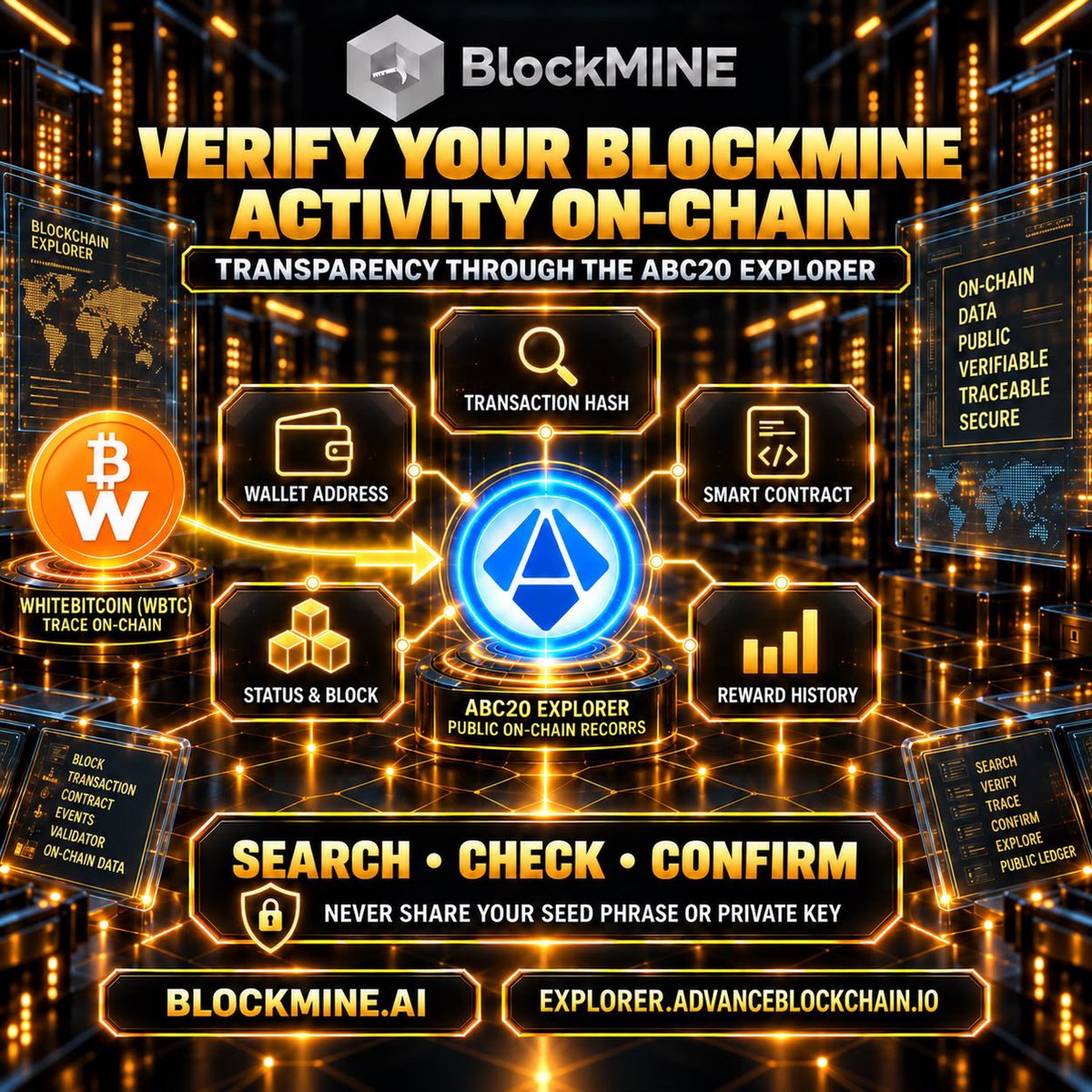 BlockmineDeFi's tweet photo. Verify your BlockMINE activity through the ABC20 Explorer.

Search by transaction hash or wallet address. Check the contract, status, block and Reward history.

🔎 https://t.co/63InsnRSru
🌐 https://t.co/I0naq78aWZ

#BlockMINE #ABC20 #WBTC https://t.co/fTfX5ilKMd