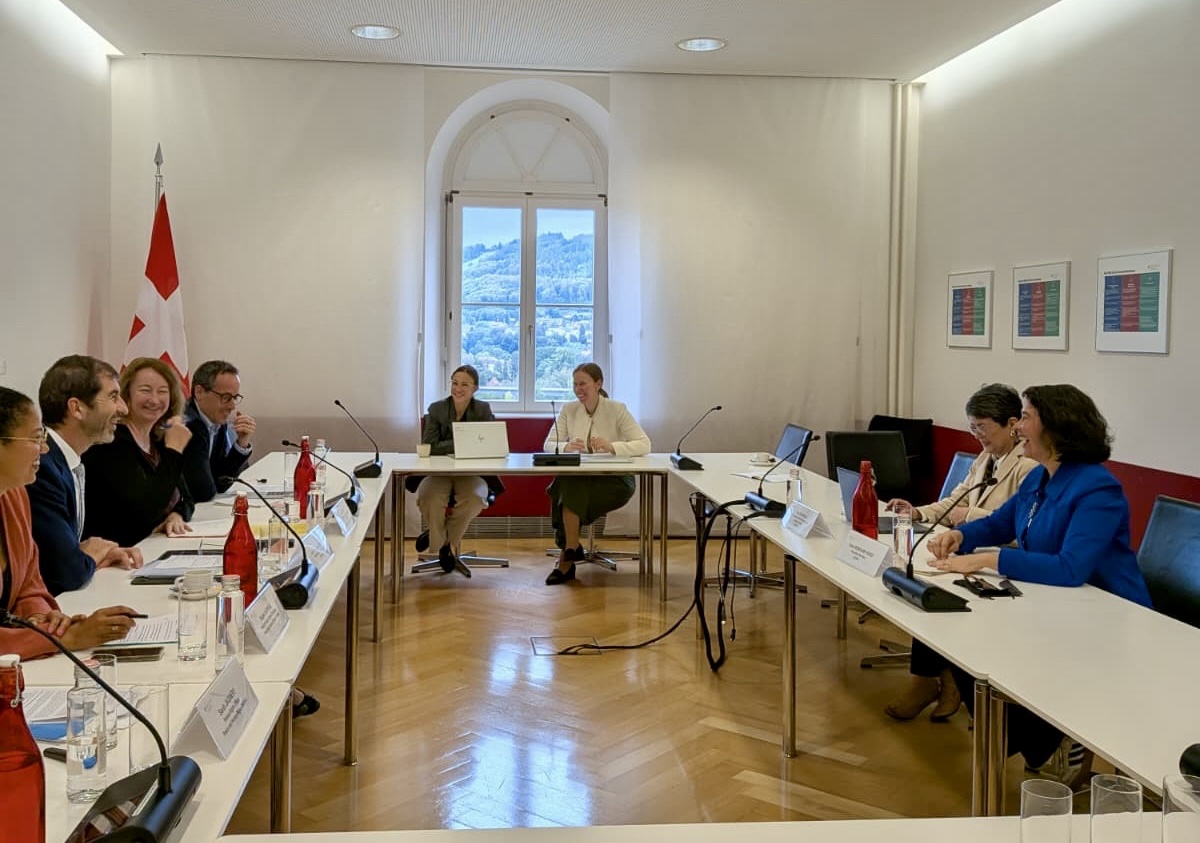 Reunión de trabajo entre representantes de la CIDH y autoridades suizas en una sala con mesas dispuestas en forma de U y la bandera de Suiza al fondo.