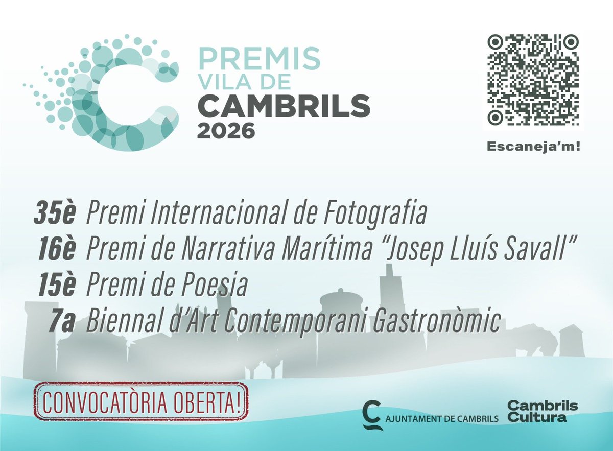 CambrilsCultura's tweet photo. Recordeu que estan obertes totes les convocatòries dels Premis Vila de Cambrils 
#cambrilscultura 
#premis #poesia #narrativa #fotografia #art @ajcambrils @RadioCambrilsFM https://t.co/xPkVsbFhbM